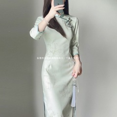 复古民国风素雅蕾丝印花气质旗袍2025年秋季年轻款少女修身长款