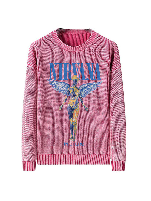 Nirvana Rock American Angel Knitwear Heavy Pink Washed Retro Round Neck Knitwear for Men Nirvana Rock American Angel Knitwear Heavy Pink Washed Retro Round Neck Knitwear for Men