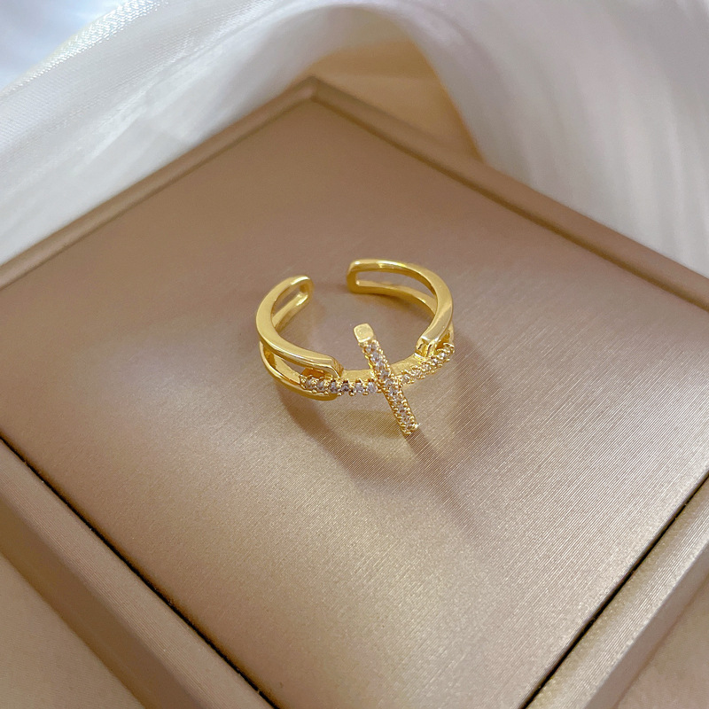 Offener Kreuzring für Damen, leicht eingelegt, luxuriöser Ring für den Zeigefinger, Internet-Prominenter, kalter Wind_voghion.com