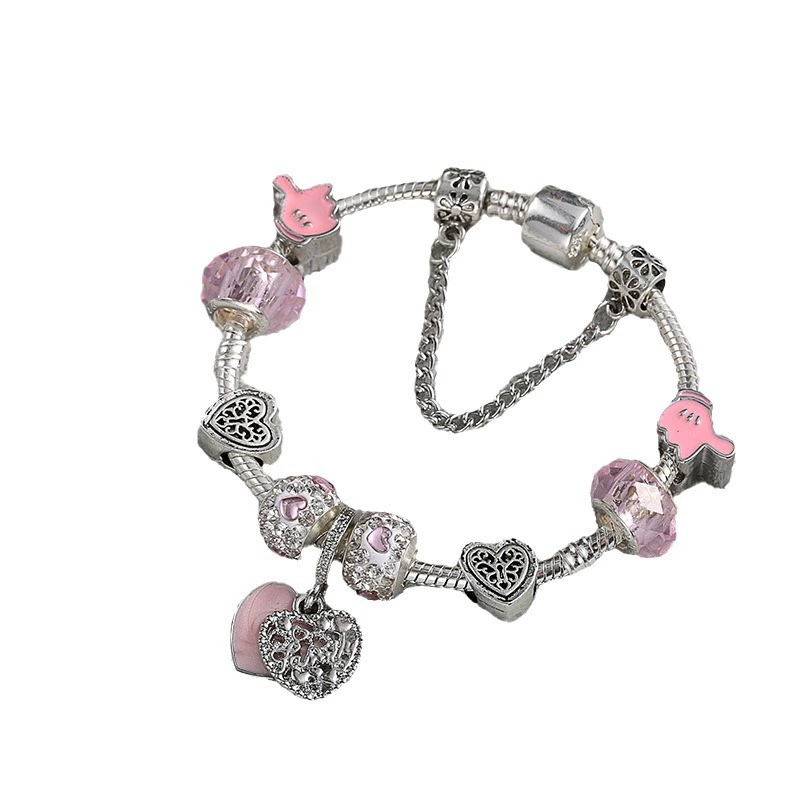 Фуксия кристал bracelet сердце, серебряный браслет для друга ручной работы