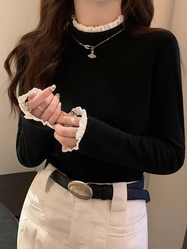 蕾丝花边设计感小众别致上衣女秋冬德绒修身打底衫半高领长袖T恤|undefined