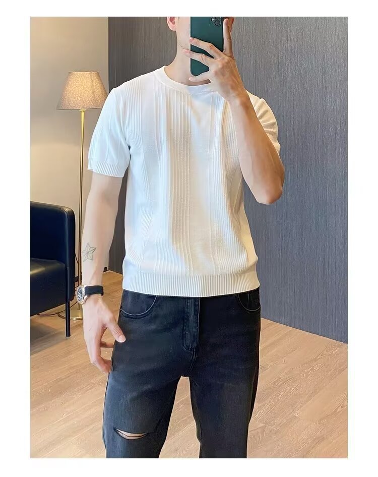 Men's Slim Fit Ice Silk Knit T-Shirt Short Sleeves Round Neck Summer Style Vertical Stripes Mature Simple Design_viptrois.com