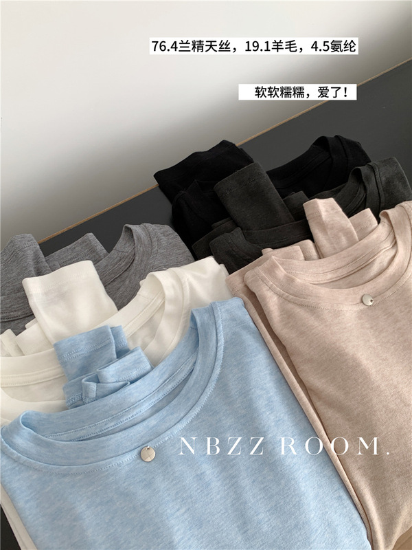 76.4% Lenzing Tencel 19.1% Wool Korean Style Simple Small Gold Flakes with Round Neck Long-Sleeved T-Shirt 2025 Summer and Autumn