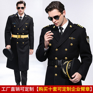 Aviation Captain Black Wool Coat Men's Thickened Property Security Work Uniform Long Aircraft Buckle Autumn and Winter