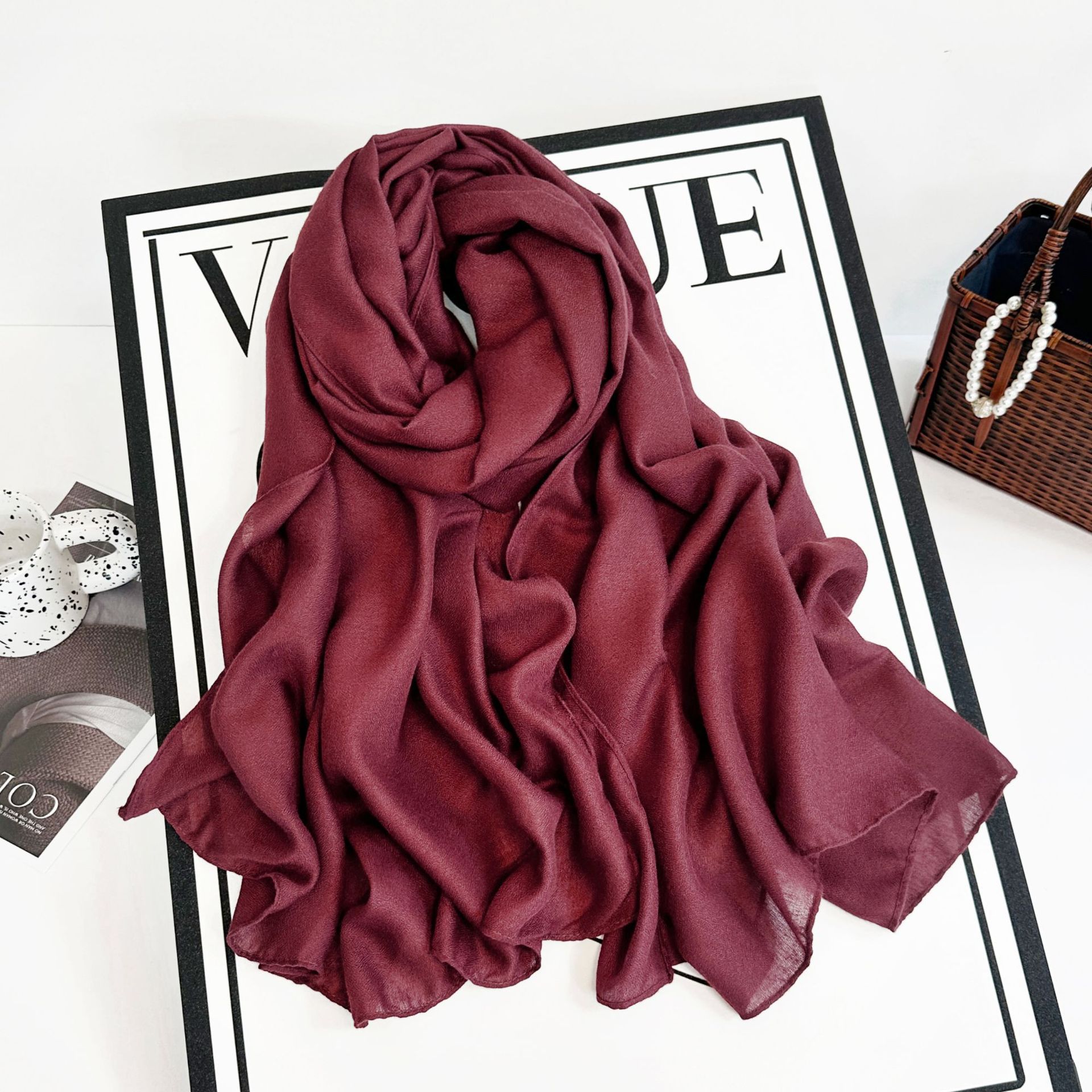 Sciarpa lunga da donna in cotone e canapa 2023 autunno/inverno tinta unita monocromatica multicolore_voghion.com