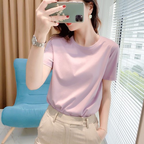 Summer round neck loose and slim versatile solid color short sleeve T-shirt for women