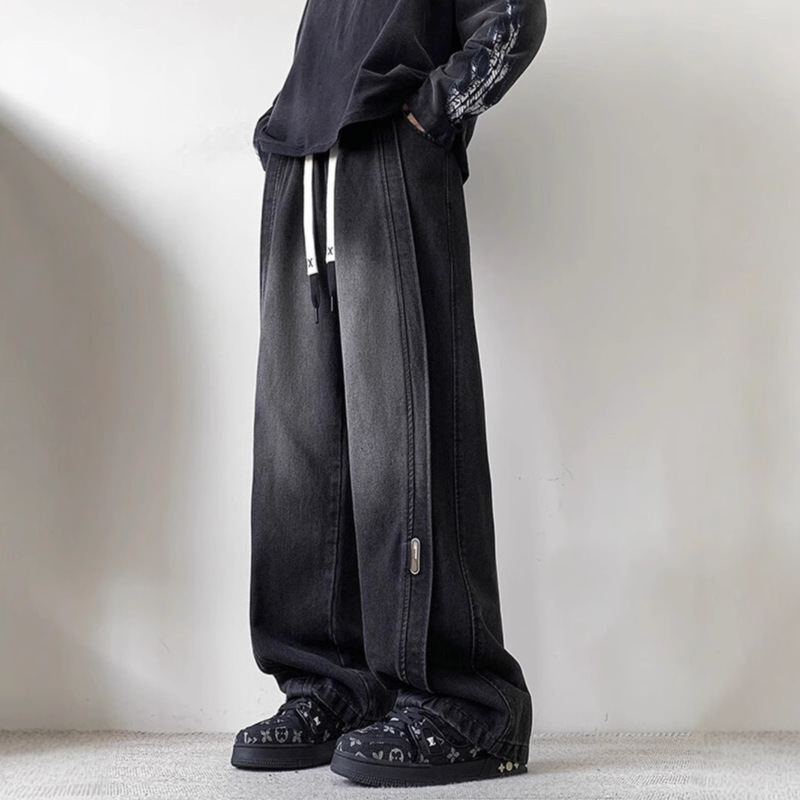 Nasa Scimitar Jeans for Men Spring/Summer American High Street Style Washed Pants Large Size Loose Straight Men's Wide-Leg Pants