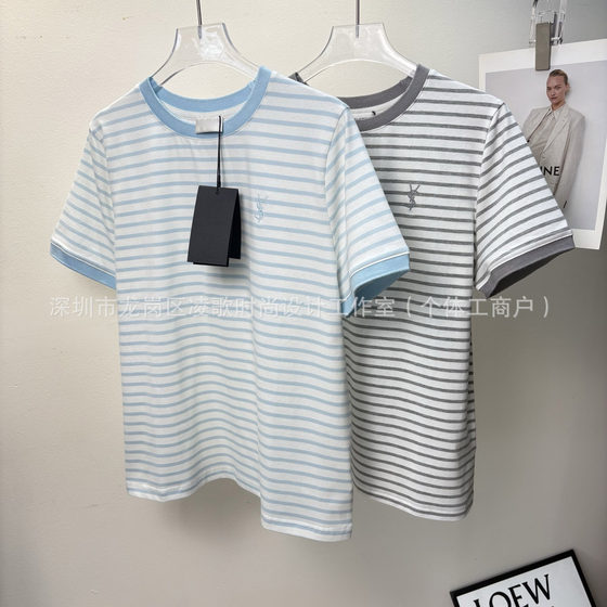 LINGE South Oil Women's Wear ~ Spring/Summer 2025 New Contrast Color Stripe Embroidered Cotton Short Sleeve T-shirt Age-reducing Jacket Women