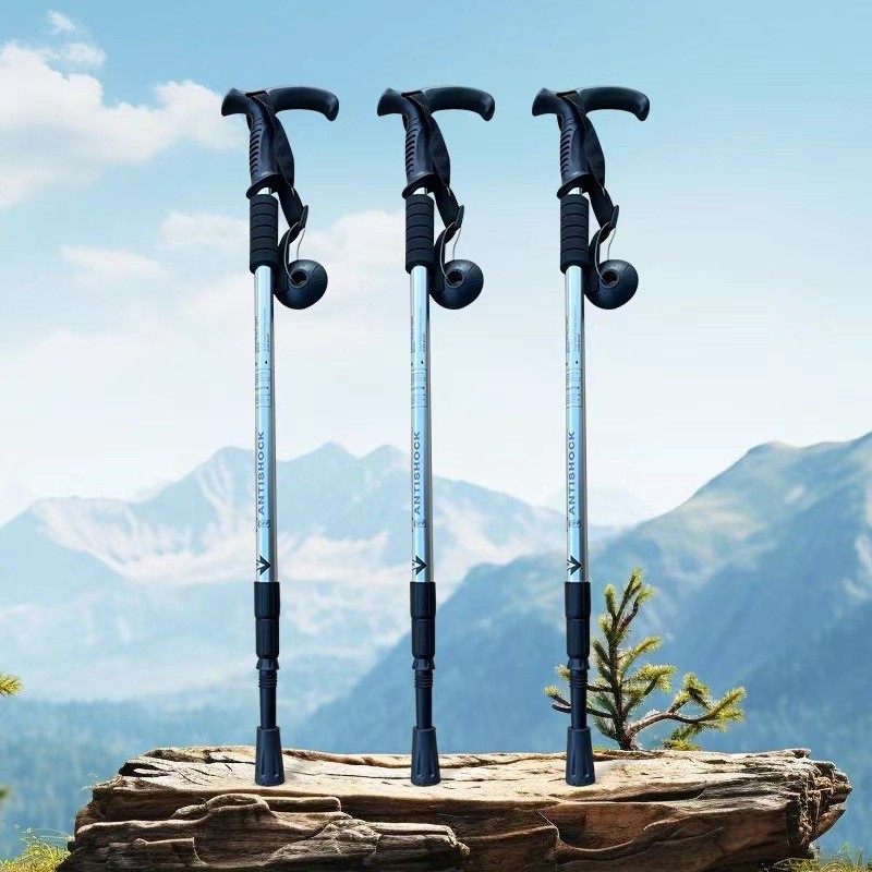 Bastón de trekking de viaje al aire libre aleación de aluminio ultraligera plegable retráctil caña de escalada con luz portátil al por mayor