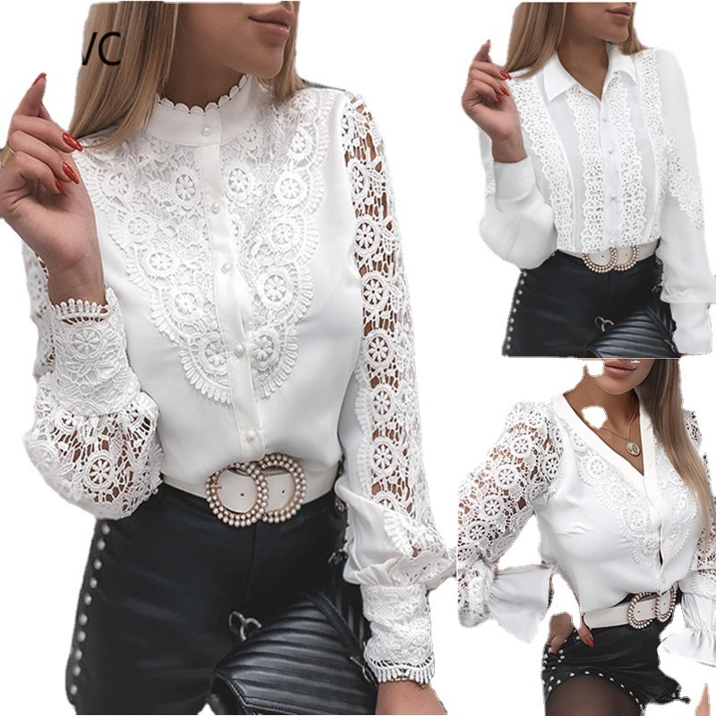 2021 Independent Platform Aliexpress Wish Hot-Selling Spring/Summer Fashion Lace Long-Sleeve V-Neck Button-Up Shirt Women's Clothing