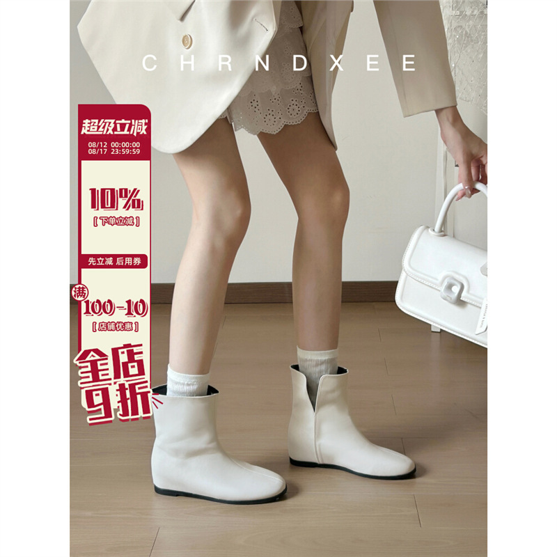 牛皮版~韩版内短靴女圆头平底短筒靴弹力瘦瘦靴法式复古踝靴|undefined