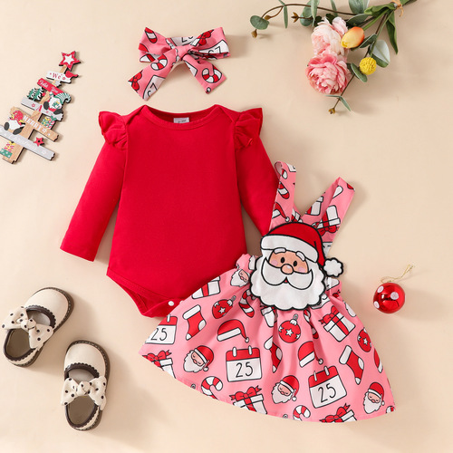 Baby Christmas long-sleeved top strap dress set Santa Grandpa jumpsuit solid color hat dress