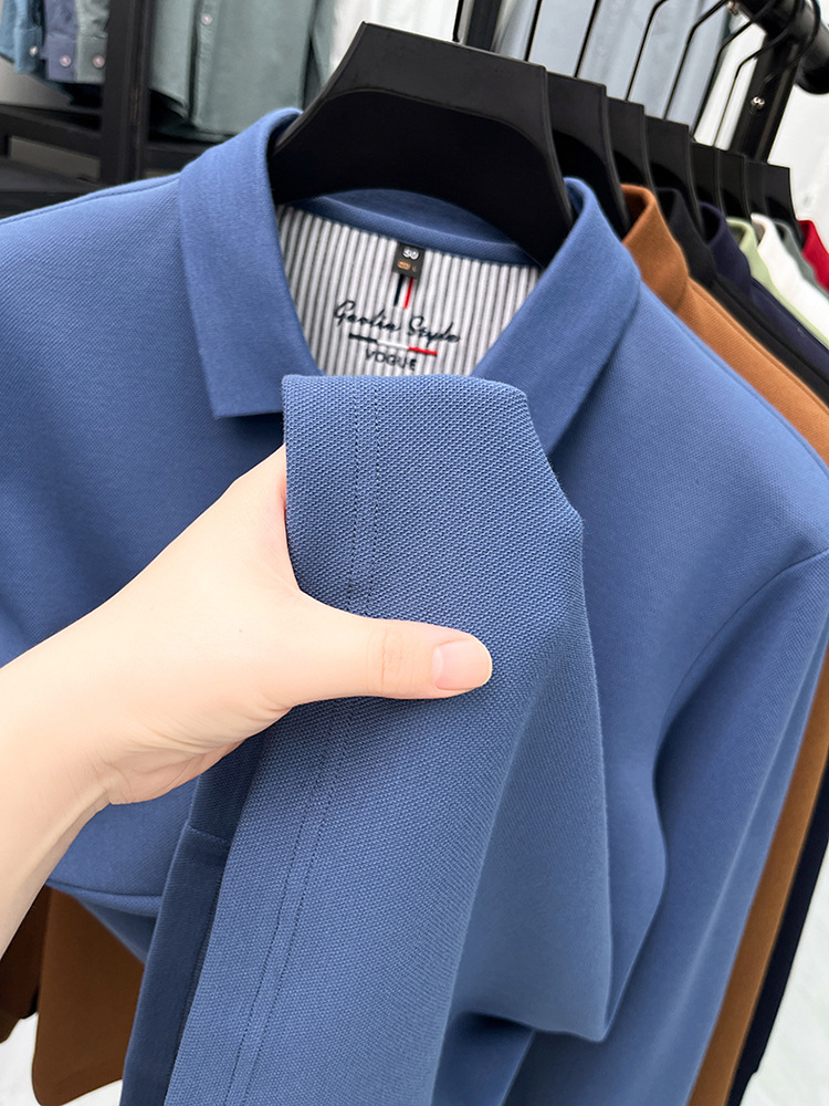 Áo polo nam dài tay cổ bẻ 100% cotton đánh bóng, form regular — nâu vàng chi tiết 9