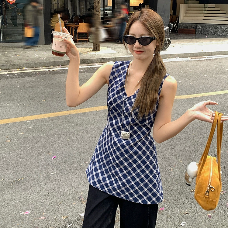 2025 лето ретро синий клетчатый V-образный вырез без рукавов жилет
