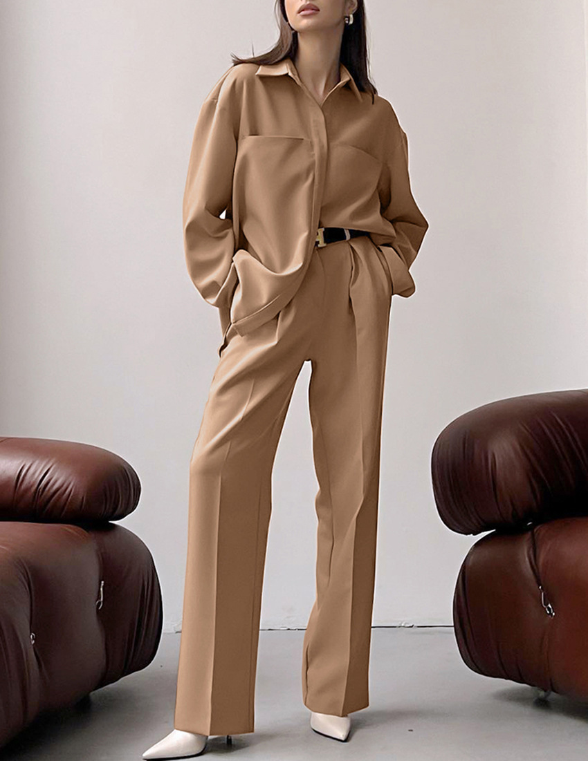 solid color long-sleeved lapel shirt high-waisted wide-leg pants lounge suit NSSQS137674