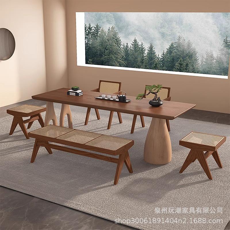 Modern Style Solid Wood Dining Table and Chair Combination Office Reception Log Dual-purpose Rectangular Large Plate Table