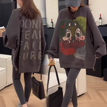 跨境新款小众开叉拉链设计感中长款卫衣大码洋气遮肉大码女装ins