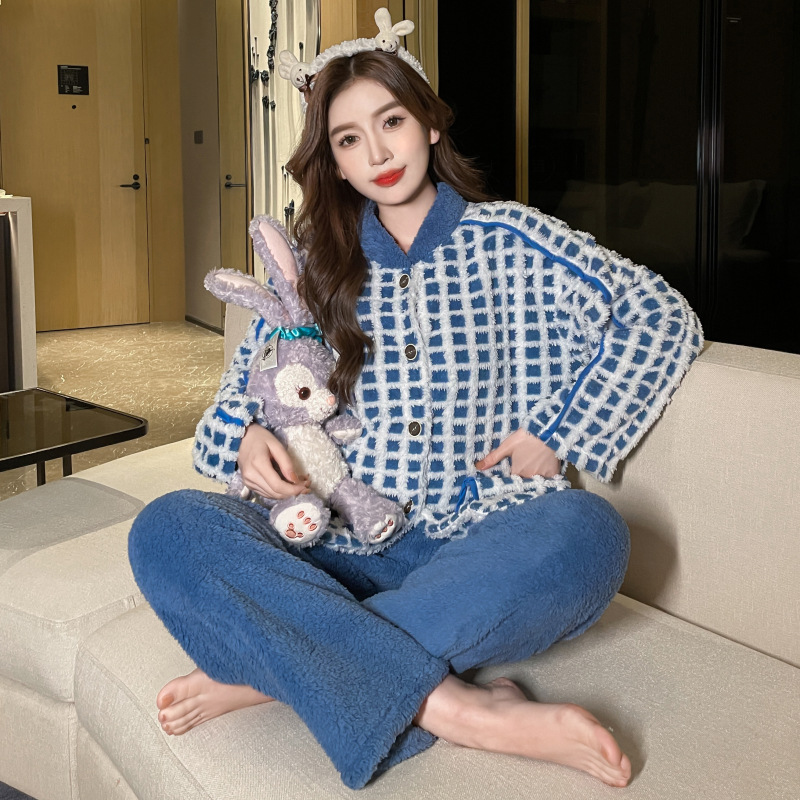 Alto grado Plaid azul pijamas de las mujeres Otoño e Invierno franela cardigan engrosada felpa traje ropa de abrigo homewear