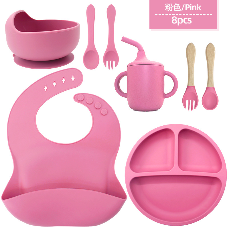 Juego de vajilla de silicona para niños, tazón de alimentos suplementarios, cuchara de silicona para bebé, tazón de silicona, vajilla de silicona, juego de ocho piezas de grado alimenticio