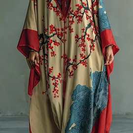 2026冬新款亚马逊宽松舒适居家服印花花卉大睡袍V领喇叭袖休闲服