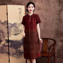 杭州花萝香云纱连衣裙短袖妈妈装刺绣真丝新中式桑蚕丝宽松裙子