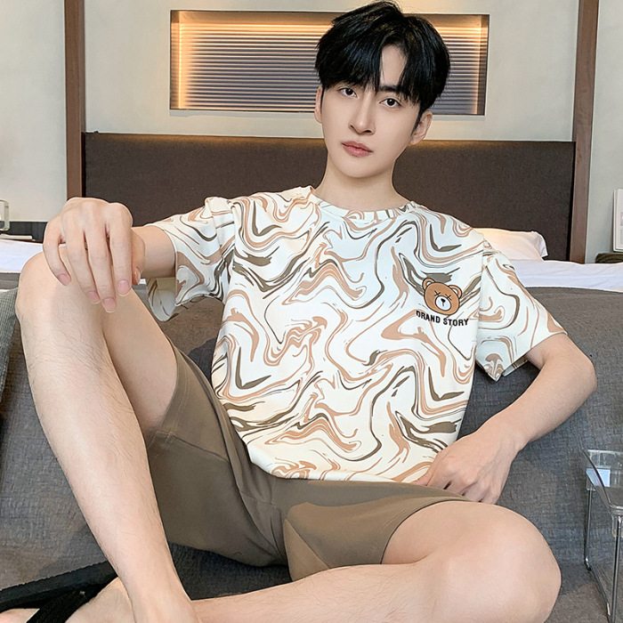 2024 algodón de punto de verano 6535 hombre cuello redondo mangas cortas pantalones cortos pijamas sueltos ropa casera casera