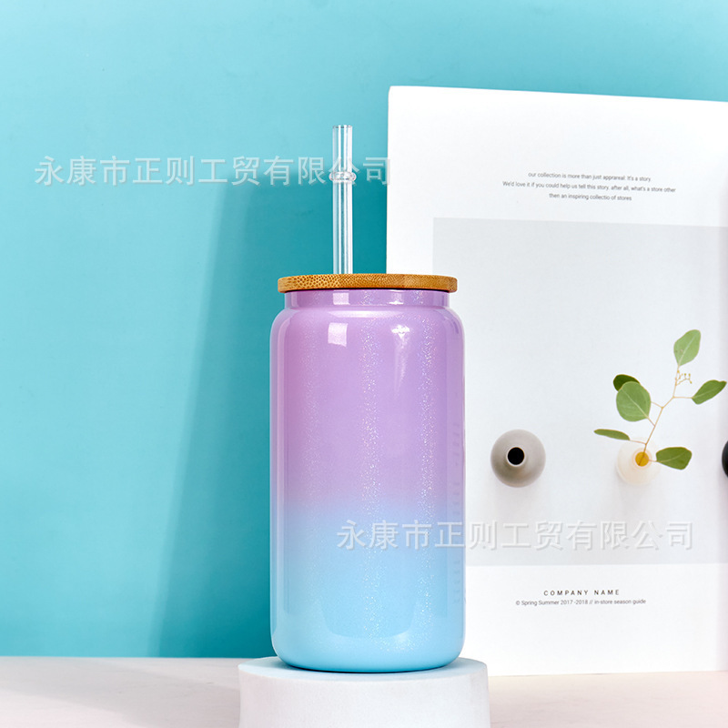 16oz comercio exterior gradiente de color de sublimación de vidrio electrochapado camaleón fluorescente arco iris pintura vidrio taza de agua taza de masón