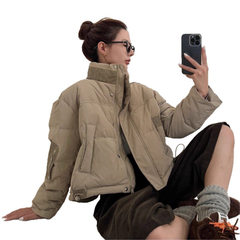 PU皮拼短款轻薄羽绒服女2025新款立领韩版时尚保暖90白鸭绒外套潮|undefined