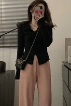 大码胖mm设计感交叉V领针织衫女春夏打底衫修身显瘦内搭长袖上衣