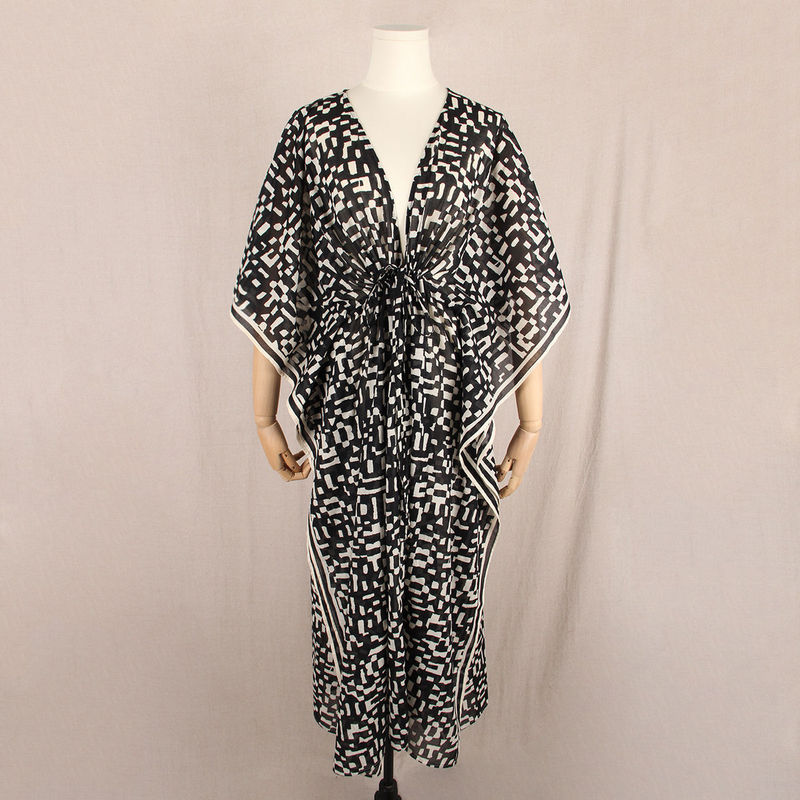 European and American Style Spring and Summer Thin Pure Cotton Black and White Geometric Pattern Seaside Resort Style Blouse Casual Cloak Shawl for Women European and American Style Spring and Summer Thin Pure Cotton Black and White Geometric Pattern Seaside Resort Style Blouse Casual Cloak Shawl for Women