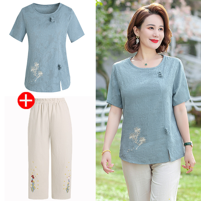 妈妈装棉麻套装2022夏季新款中老年女装刺绣上衣大码短袖两件套
