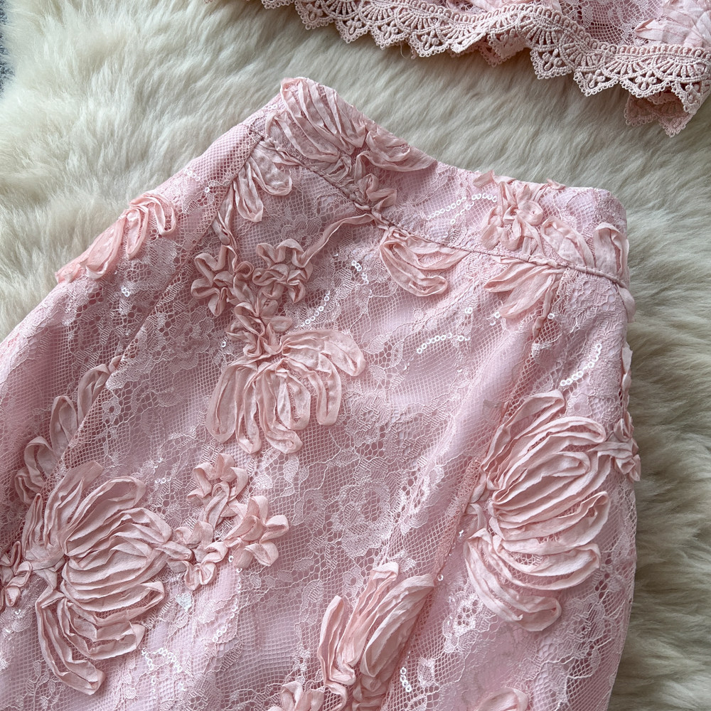 French Style Lace Patchwork Top And Skirt Set for Women Sexy Slimming Temperament Two-Piece Summer Outfit_ecoleips.com