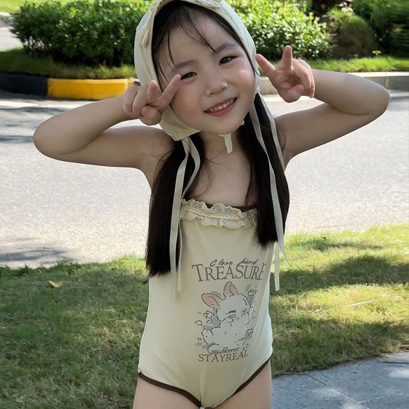 2025 New Girls' Baby Girls' Cute Bunny Sling Swimsuit Girls' Summer Beach Western Style Swimming