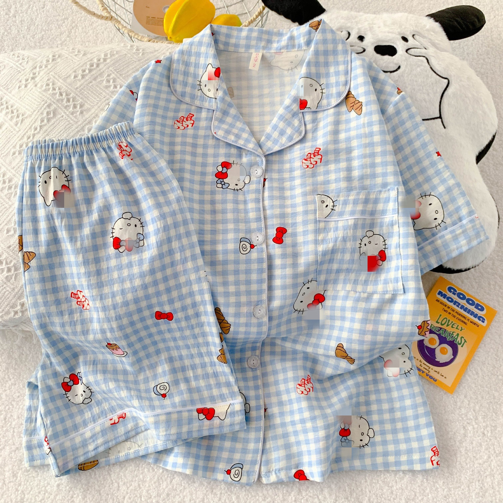 618-11#하늘색 체크무늬 고양이