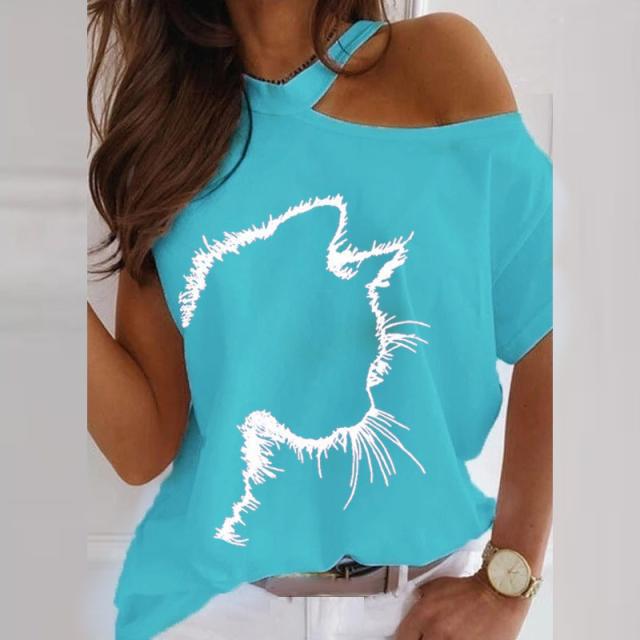 Cat Print Off-Shoulder Short-Sleeved T-Shirt NSYF59320