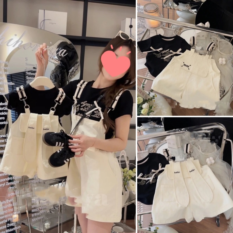 Summer 2024 Parent-Child Outfit Category A Girl's T-Shirt Set, Stylish and Trendy Denim Overalls, Short-Sleeve Streetwear Korean Version