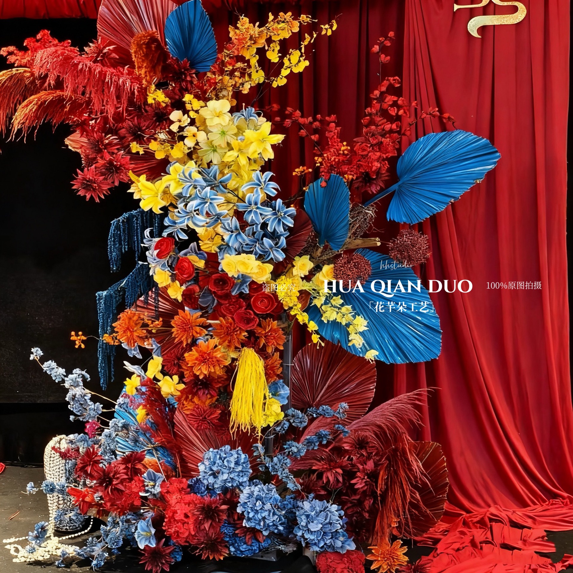 新中式红蓝配色仿真花婚房场景布置订婚派对搭建婚庆用花DIY假花