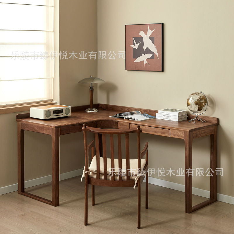 Scandinavian Solid Wood Black Walnut Corner Desk Pure Solid Wood Oak Computer Desk L-Shaped Corner Bay Window with Drawers