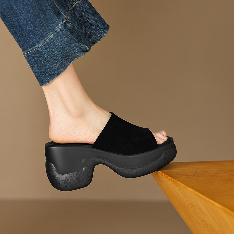 Sandal cao gót nữ đế dày 8,5 cm quai ngang da bò — Da bò trắng gạo chi tiết 11