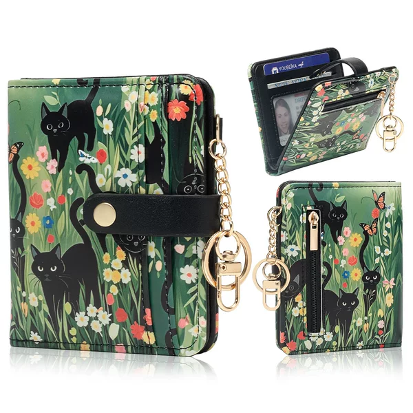 Ultra-Thin Rfid Anti-Theft Brush Women's Short Wallet, Black Cat, Key Chain Wallet