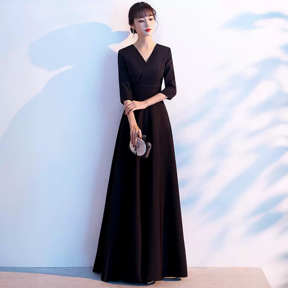 New Evening Dress Dress Women's Banquet Host Long Black Temperament Art Test Performance Choir dress Dress Autumn