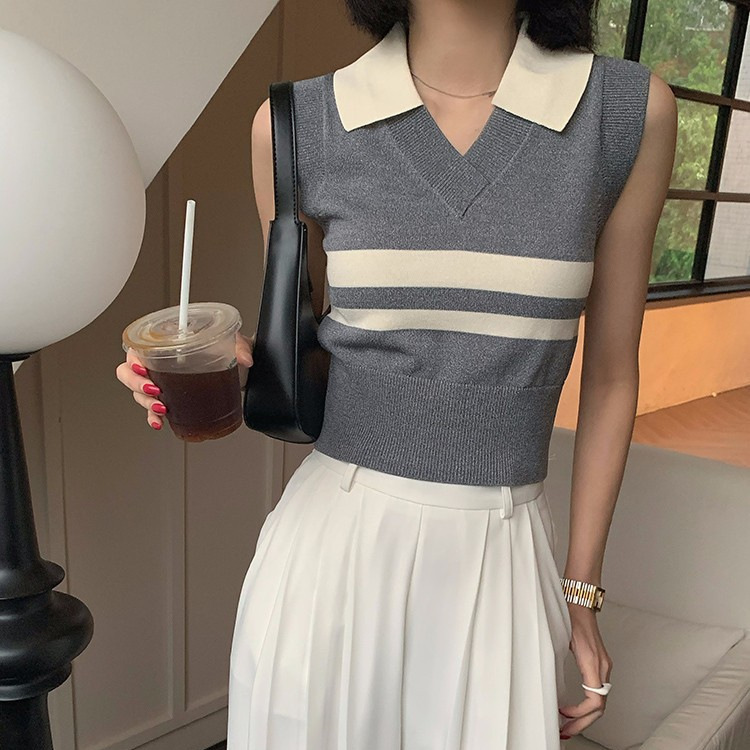 Grey American Style College Style Striped Knitted polo Collar Stacked Vest Women's Summer New All-match Outer Wear Top for Women