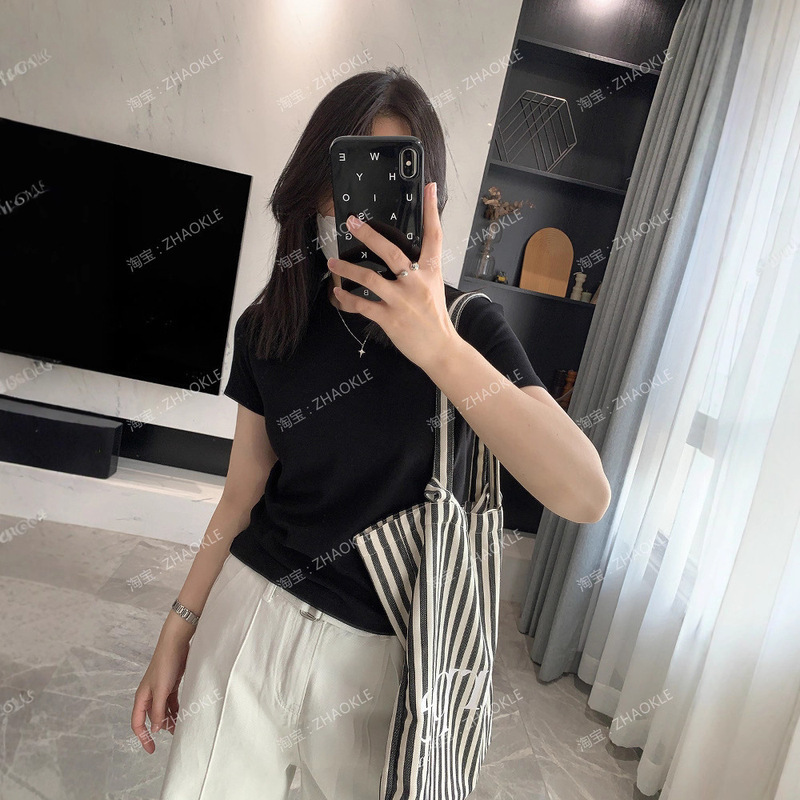 赵可乐~简单高级！通勤正肩背后绞花合身小版短袖圆领显瘦纯色T恤|undefined