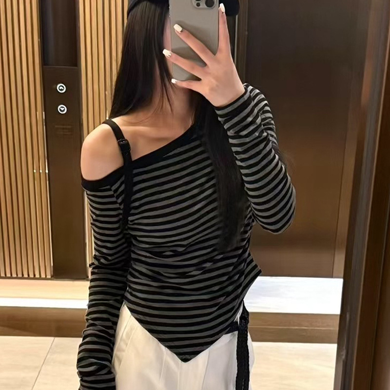 不规则斜领露肩条纹长袖T恤女2025秋季新款美式辣妹修身显瘦上衣|undefined