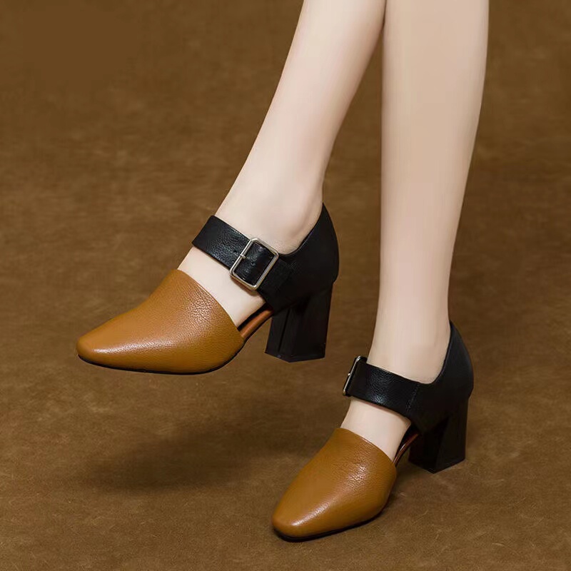 2026 New Model Women's High Heels with Single Strap, Spring/Summer Chunky Heel Semi-Closed Toe Sandals, Spring Style Women's Shoes