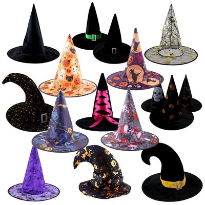萬聖節魔女帽子cos化妝舞會裝扮南瓜巫婆黑色魔術帽巫師黑尖帽子