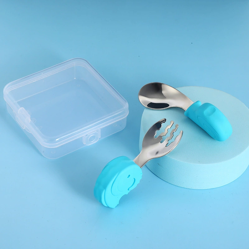 Spoon for baby, fork, children's silicone set, teaching tableware stainless steel for training, (Cross-border trading)