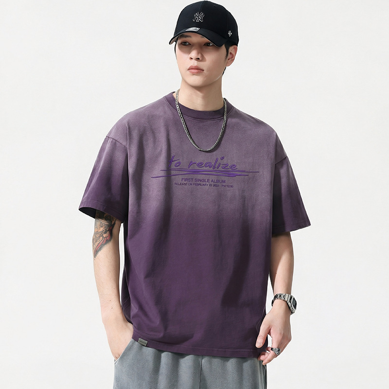 T3620 | Plus-Size Men's Summer Pure Cotton Washed Gradient T-Shirt, Loose Vintage Distressed Letter Print Short Sleeve. T3620 | Plus-Size Men's Summer Pure Cotton Washed Gradient T-Shirt, Loose Vintage Distressed Letter Print Short Sleeve.