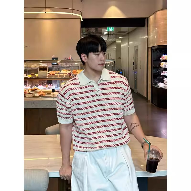 Burgundy Knitted Striped T-Shirt for Men, Summer Style, Mature Style, Turn-Down Collar, Regular Shoulder, Short-Sleeve, High-End Polo Shirt Burgundy Knitted Striped T-Shirt for Men, Summer Style, Mature Style, Turn-Down Collar, Regular Shoulder, Short-Sleeve, High-End Polo Shirt
