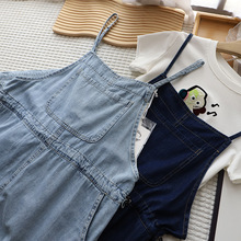 [比正]2025夏季新品韩版女装时尚宽松遮肚收腰减龄牛仔背带裙4449